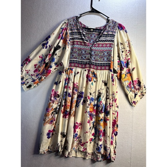 Umgee Dresses & Skirts - UMGEE Ivory Multicolor Floral V-Neck Button Front Shirt Dress Size L